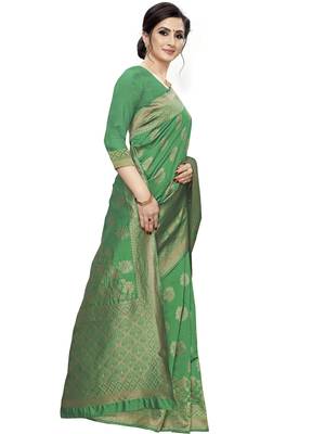 Green Woven Silk Blend Saree With Blouse 3