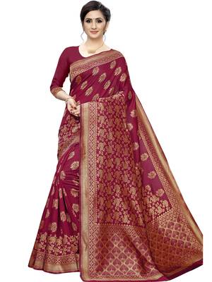 Magenta Woven Silk Blend Saree With Blouse 1