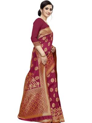 Magenta Woven Silk Blend Saree With Blouse 3