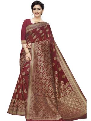 Maroon Woven Silk Blend Saree With Blouse 1