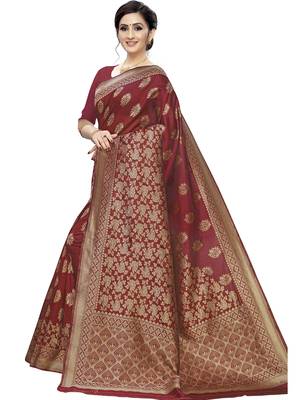 Maroon Woven Silk Blend Saree With Blouse 2