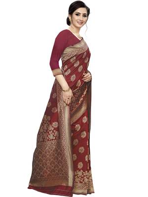 Maroon Woven Silk Blend Saree With Blouse 3