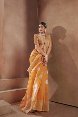 Orange woven silk saree with blouse 1