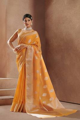 Orange woven silk saree with blouse 2