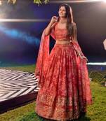 Red Zari And Sequins Embroidered Organza Semi Stitched Roses Printed Floral Lehenga