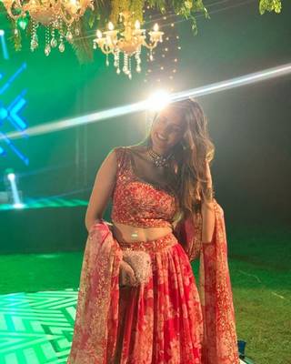 Red Zari And Sequins Embroidered Organza Semi Stitched Roses Printed Floral Lehenga 4