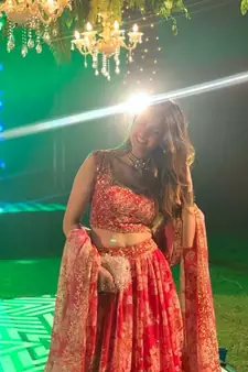 Red Zari And Sequins Embroidered Organza Semi Stitched Roses Printed Floral Lehenga