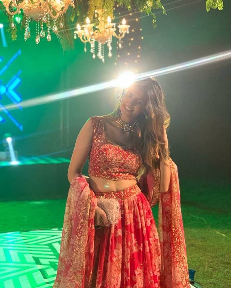 Red Zari And Sequins Embroidered Organza Semi Stitched Roses Printed Floral Lehenga