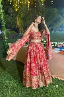 Red Zari And Sequins Embroidered Organza Semi Stitched Roses Printed Floral Lehenga