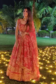 Red Zari And Sequins Embroidered Organza Semi Stitched Roses Printed Floral Lehenga
