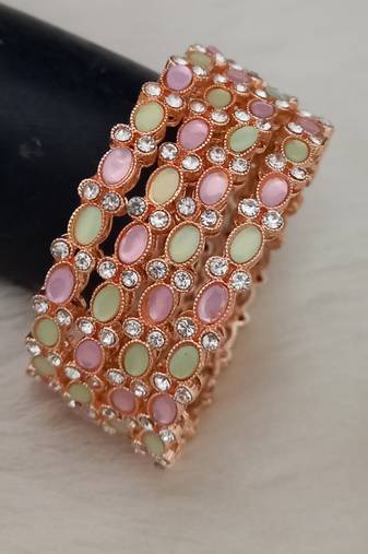 Rose Gold Pink Green CZ Designer Premium Quality 2.4 inch 4pc Bangle Set
