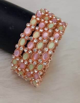 Rose Gold Pink Green CZ Designer Premium Quality 2.8 inch 4pc Bangle Set 1