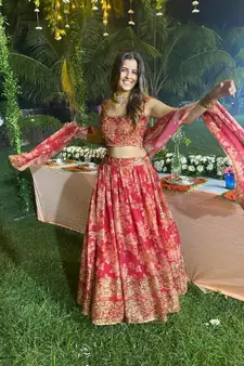 Red Zari And Sequins Embroidered Organza Semi Stitched Roses Printed Floral Lehenga