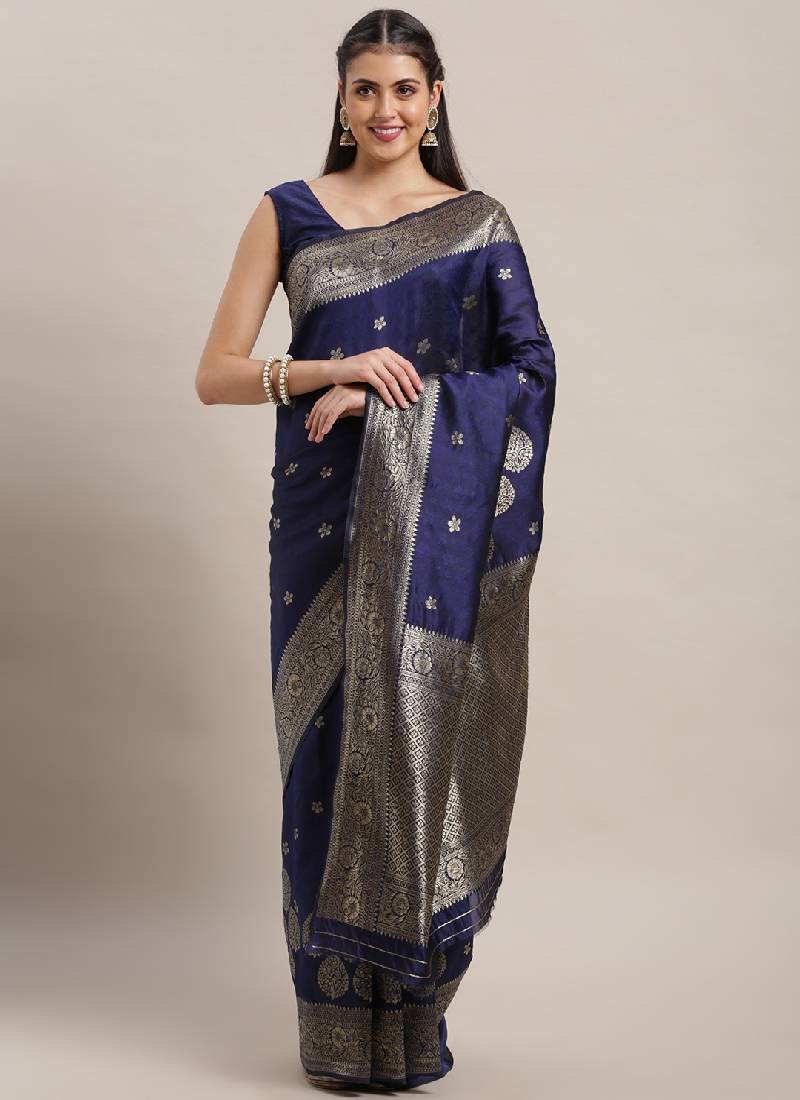 Navy Blue Banarasi Silk saree with blouse piece