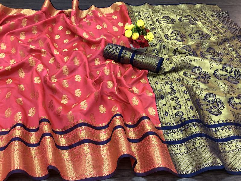 Red woven silk saree with blouse