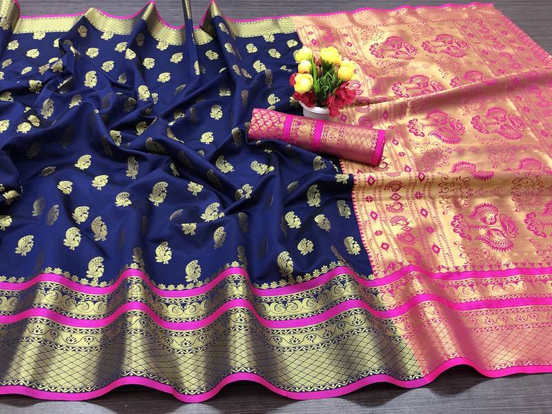 Navy blue woven silk saree with blouse