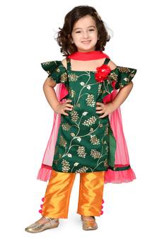 Green Embellished Kurta With Mustard Pants & Dupatta