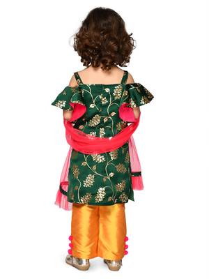 Green Embellished Kurta With Mustard Pants & Dupatta 2
