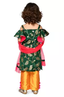 Green Embellished Kurta With Mustard Pants & Dupatta