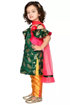 Green Embellished Kurta With Mustard Pants & Dupatta