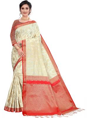 White Woven Silk Blend Saree With Blouse 1