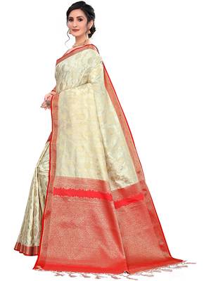 White Woven Silk Blend Saree With Blouse 2