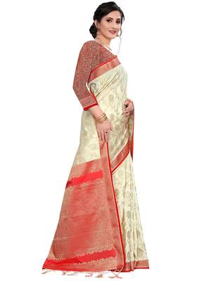 White Woven Silk Blend Saree With Blouse 3