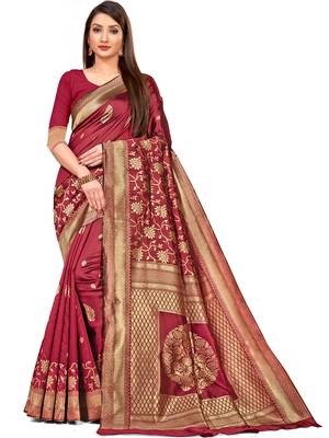 Magenta woven silk blend saree with blouse 1