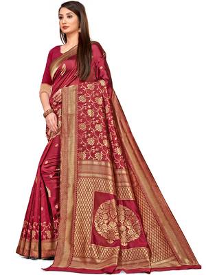 Magenta woven silk blend saree with blouse 2