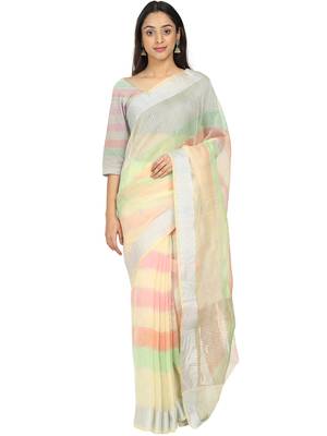 White Woven Cotton Saree With Blouse 1
