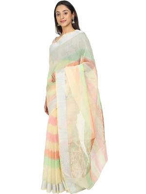 White Woven Cotton Saree With Blouse 2