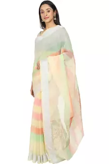 White Woven Cotton Saree With Blouse