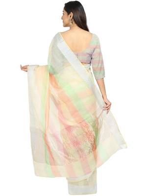 White Woven Cotton Saree With Blouse 4