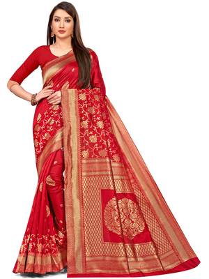 Red woven silk blend saree with blouse 1