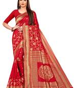 Red woven silk blend saree with blouse