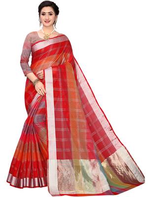 Red Woven Cotton Silk
 Saree With Blouse 1