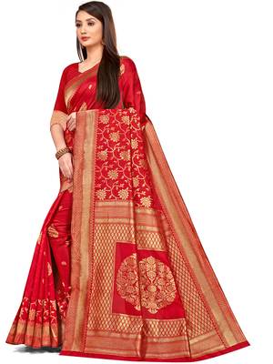 Red woven silk blend saree with blouse 2