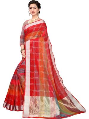 Red Woven Cotton Silk
 Saree With Blouse 2