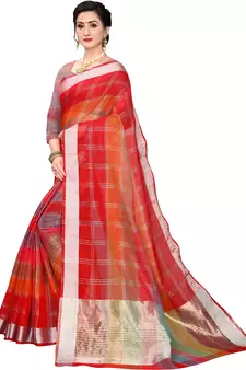 Red Woven Cotton Silk
 Saree With Blouse
