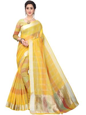Yellow Woven Cotton Silk
 Saree With Blouse 1