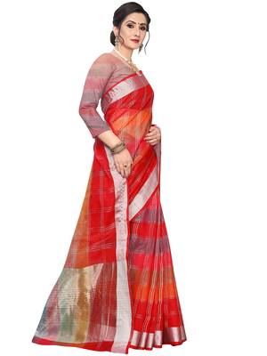 Red Woven Cotton Silk
 Saree With Blouse 3