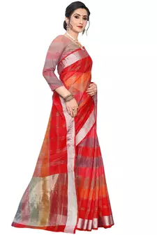 Red Woven Cotton Silk
 Saree With Blouse