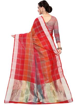 Red Woven Cotton Silk
 Saree With Blouse 4