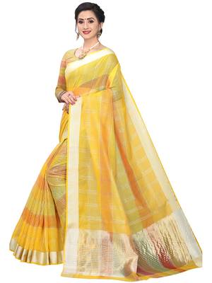 Yellow Woven Cotton Silk
 Saree With Blouse 2