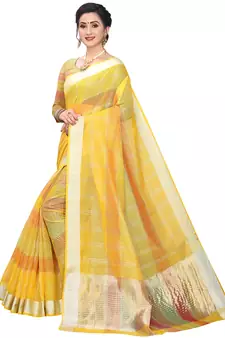 Yellow Woven Cotton Silk
 Saree With Blouse