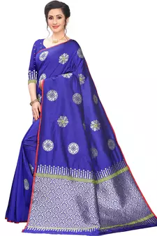 Blue Woven Cotton Saree With Blouse