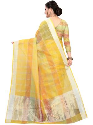 Yellow Woven Cotton Silk
 Saree With Blouse 4