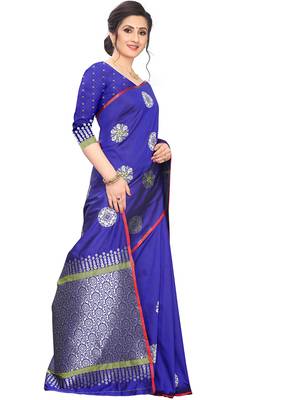 Blue Woven Cotton Saree With Blouse 3