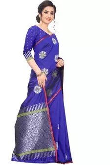 Blue Woven Cotton Saree With Blouse