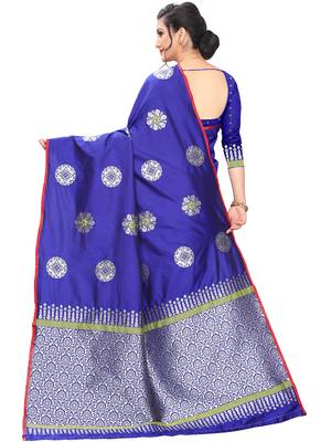 Blue Woven Cotton Saree With Blouse 4